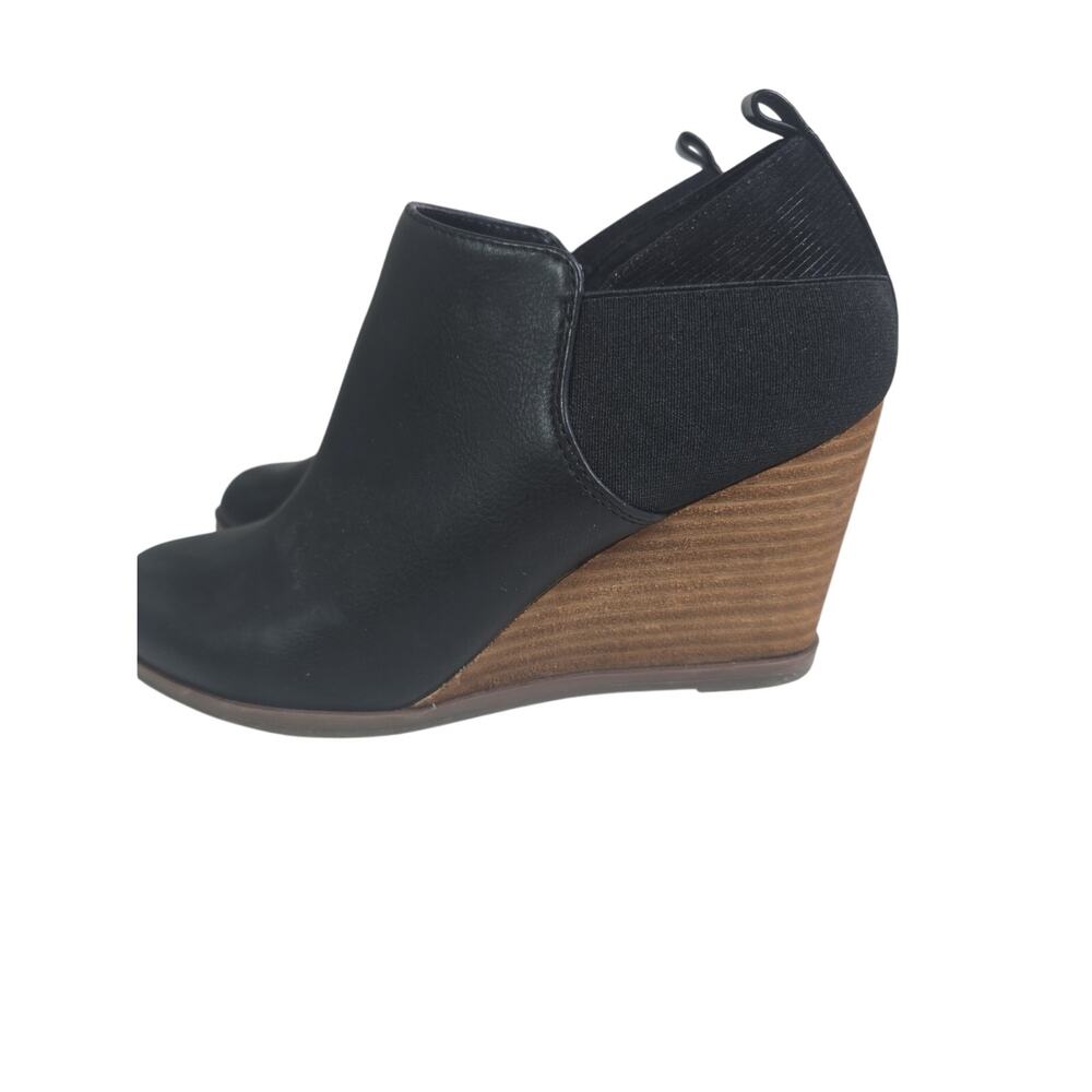 Dr Scholls Black Leather Side Goring Wedge Bootie Size 7.5M 3" Heel